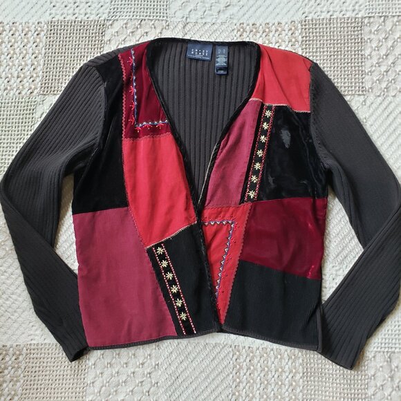 Vintage Sweaters - 90's Y2K Patchwork Cable Knit Cardigan Sweater / red black velvet corduroy  XL